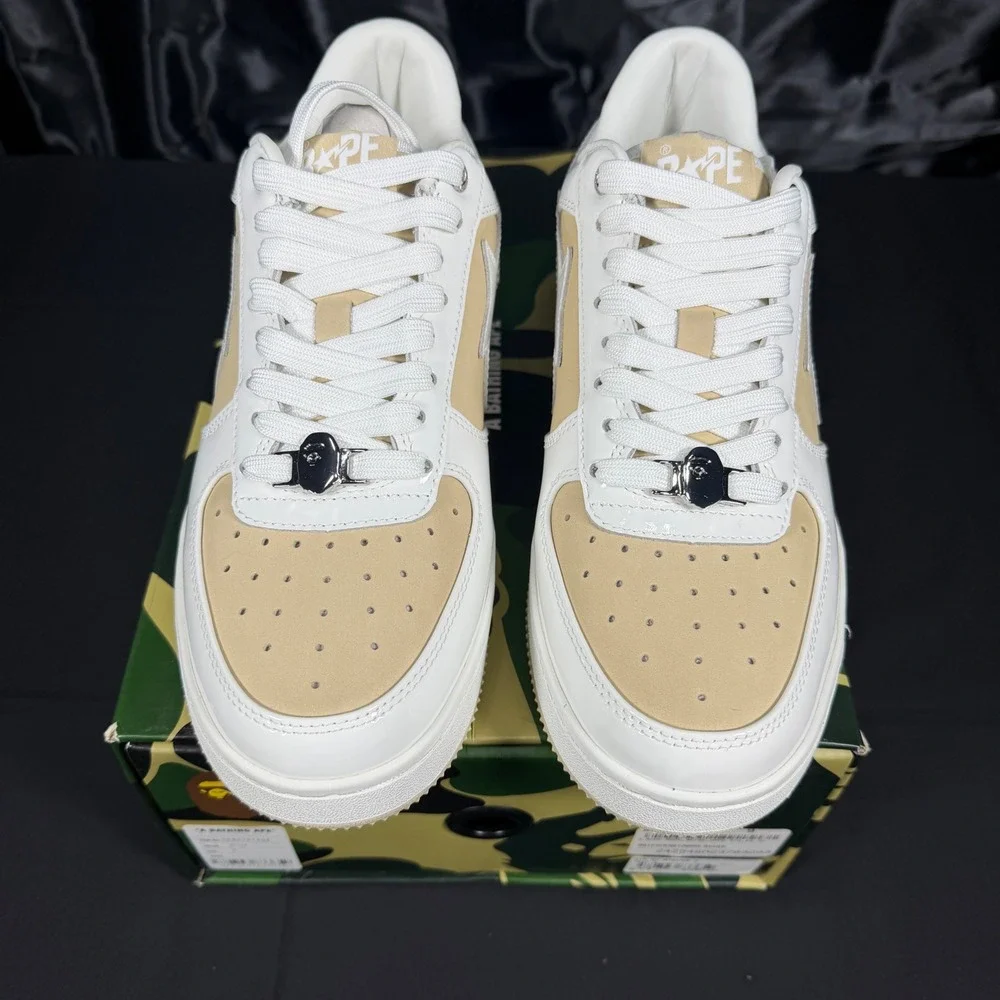 A Bathing Ape BAPE STA Beige White Patent Leather Sneakers 1K80191306 Mens 9 NEW